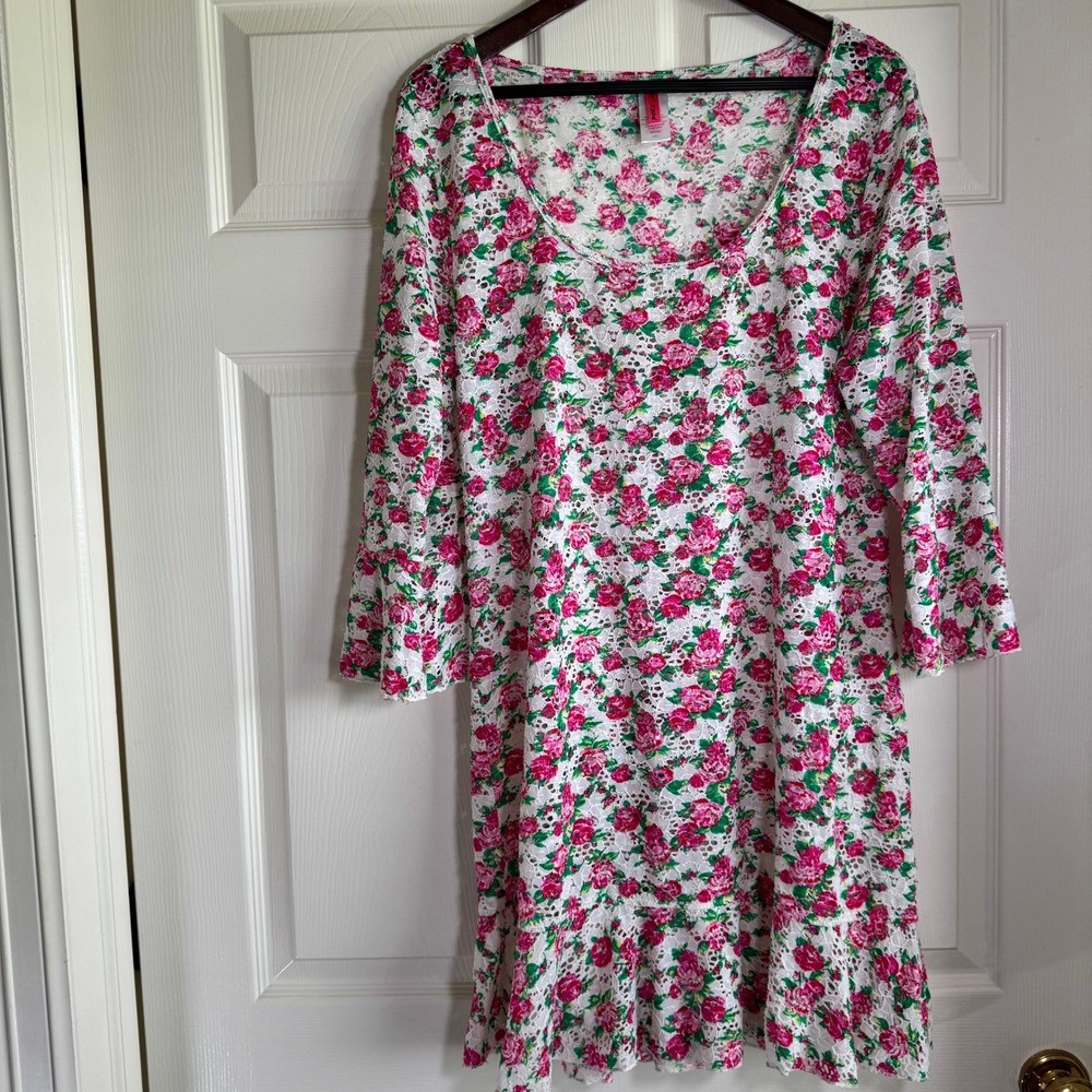 Betsey Johnson Size L Pink Floral Crochet Bell Sleeve Boho Ruffle Mini Dress